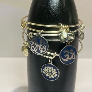 Alex and Ani Gold/Silver Bangle Set with Blue Charms - Om, Lotus & Path of Life